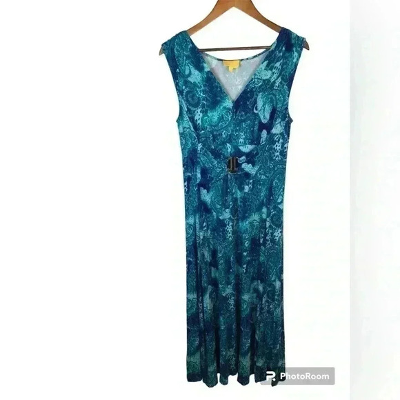 Liz Lance Womens Large Turquoise and Blue Maxi Dress Embellish Waist Sleeveless - Picture 1 of 6